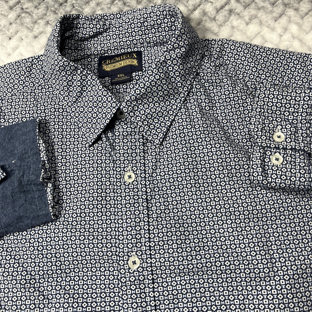 Cremieux Premium Denim Shirt Mens 2XL Blue Geometric Long Sleeve Button Up